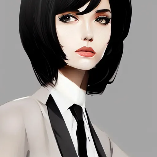 Image similar to slim girl in tuxedo with short black hair, elegant, 2d, ultra highly detailed, digital painting, smooth, sharp focus, artstation, art by Ilya Kuvshinov