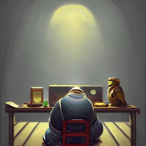 Image similar to a insanely detailed painting of a chubby masked asian man wearing a costume sitting at a desk, staring at the nervously at the computer typing, in the style of peter mohrbacher, dramatic lighting and composition, trending on artstation, concept art, comic book