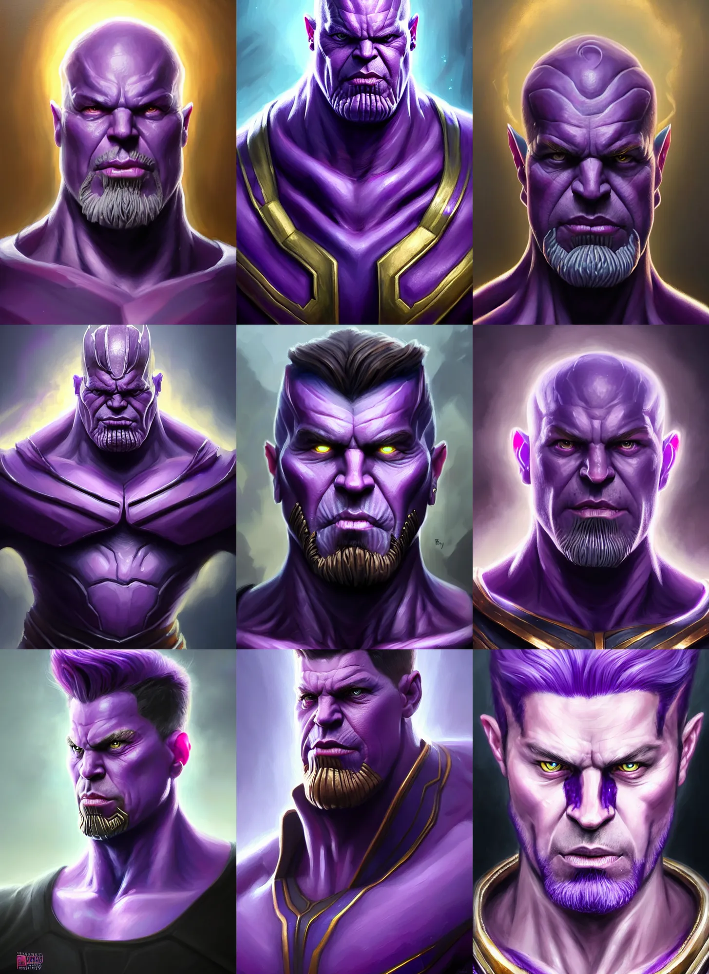 Prompt: a fantasy style portrait painting a character if volodymyr zelensky and thanos had a son, purple skin, powerful chin, volodymyr zelensky style traits, painting, unreal 5, daz., rpg, portrait, extremely detailed, artgerm greg rutkowski _ greg