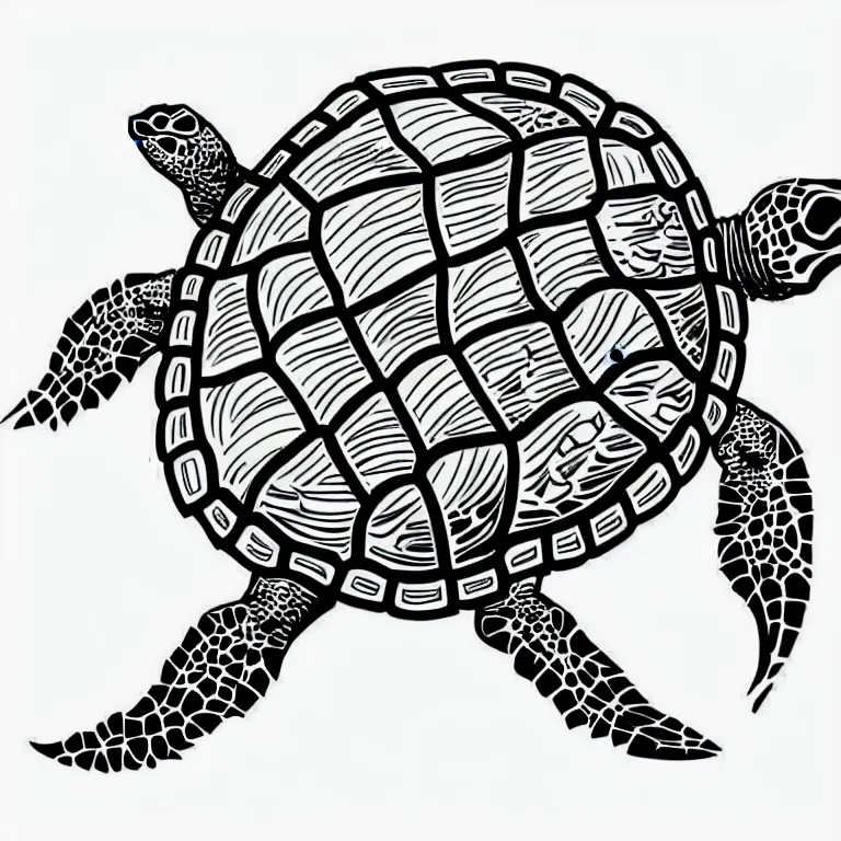 Image similar to simple yet detailed illustration of a warana sea turtle, use of negative space mandatory, artwork created by Mike Mignola and Banksy in the style of a cartoon and tattoo stencil, black ink illustration,no shadings, black on white only, smooth curves