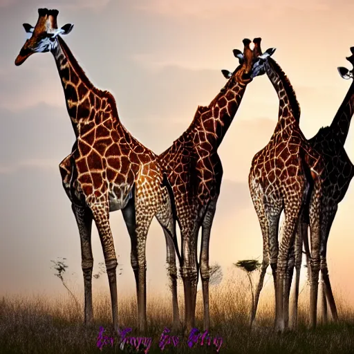 Image similar to three giraffes having a cool birthday party, photo, highly detailed
