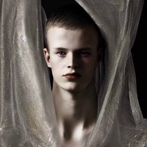 Image similar to a portrait of the most beautiful young men wearing a translucide iridiscent veil designed by iris van herpen, photographed by erwin olaf