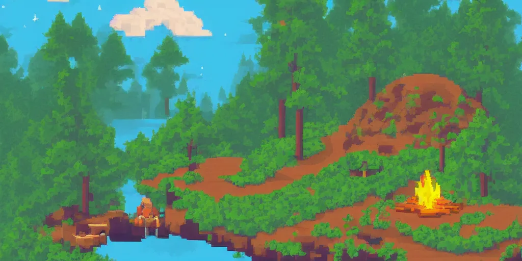 Image similar to a beautiful!!!!!!!! solitary campfire with a beautiful!!! lake in the background, no people, lonely landscape, pixel art, trending on artstation, extremely high detail!!, highly detailed