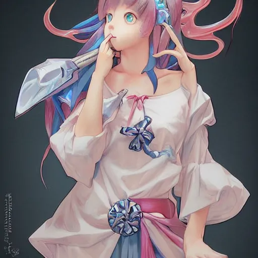 Image similar to Sylveon pokemon Gajinka as a small human girl , highly detailed, digital pencil painting, anime, cartoonish, hybrid human / anthro, monster girl, sharp focus, illustration, art by artgerm and greg rutkowski and alphonse mucha