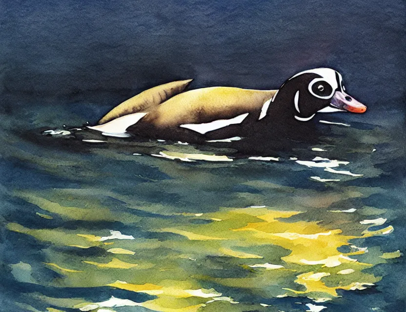 Prompt: a goldeneye swimming in a faraway lake. this watercolor painting by the award - winning comic artist has dramatic lighting, an interesting color scheme and great sense of depth.