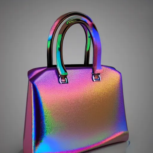 Prompt: a plastic designer bag, iridescent color, fashion shooting, photorealistic, fantasy, artstation, studio photo