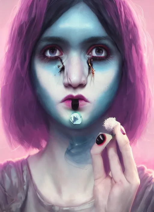 Prompt: portrait of sinister girl with pouty aerochrome lips, bodachs, unforgivable, cute bandaid on nose!!, expressive eyes, full body, deathly skin, greg rutkowski, charlie bowater, yuumei, stephen gammell, unreal 5, daz, hyperrealistic, octane render, rpg portrait, dynamic lighting, fantasy art, beautiful face