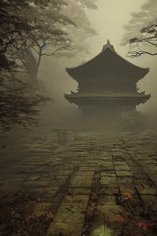 Image similar to Japanese abandoned temple in the woods, dark, moody, foggy, mysterious by Marc Simonetti