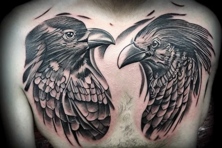 Image similar to highly detailed tattoo of a crow man