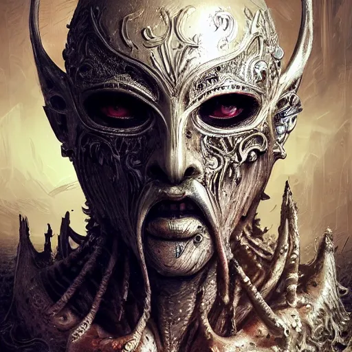 Image similar to Very very very very highly detailed epic photo of face with scarry horror venetian mask, intricate, dystopian, sci-fi, extremely detailed, digital painting, artstation, concept art, smooth, sharp focus, illustration, intimidating lighting, incredible art by Artgerm and Vincent di Fate