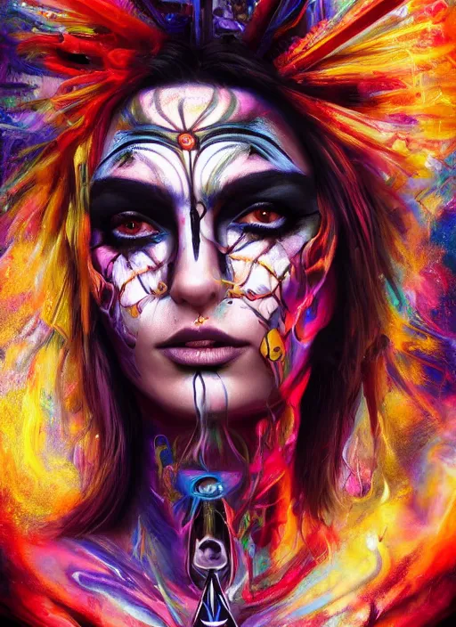 Image similar to tripping magic cult psychic woman, painted face, third eye, energetic consciousness psychedelic, epic surrealism expressionism symbolism, ultra high definition, unreal engine 5, volumetric lighting cinematic ray trace photorealism, symmetrical face, dark myth mythos, by sandra chevrier, masterpiece