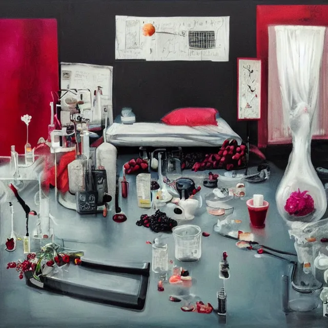 Prompt: empty room with black walls and a futon, berry juice dripping, a portrait of an emo girl holding an octopus, intravenous drip, wilted flowers, pomegranate, pancakes, berries, surgical supplies, scientific glassware, candles, neo - expressionism, surrealism, acrylic and spray paint and oilstick on canvas