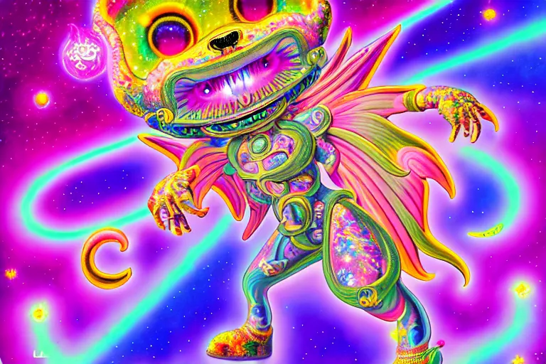 Image similar to lisa frank illustration of rebulon the cute ancient demon, by lisa frank, masterpiece concept art, 8 k, intricate detail, cinematic lighting, epic pose, bright colors