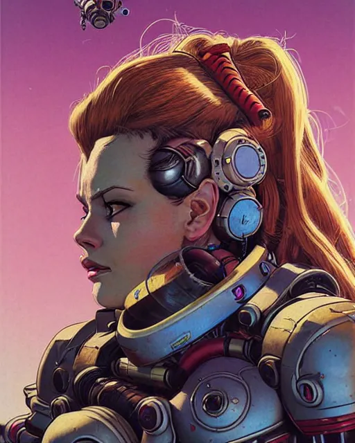 Image similar to brigitte from overwatch, character portrait, portrait, close up, concept art, intricate details, highly detailed, vintage sci - fi poster, retro future, in the style of chris foss, rodger dean, moebius, michael whelan, and gustave dore