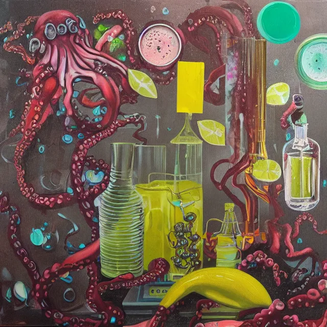 Prompt: lime drips, portrait of a female art student, scientific glassware, oscilloscope, x - ray, sensual, sweet almost oil, almond blossom, squashed berries dripping, octopus, candlelight, neo - impressionist, surrealism, acrylic and spray paint and oilstick on canvas