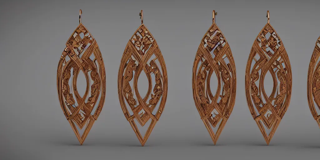 Image similar to earring design, jewelry design, wood, nordic, art deco, intricate, elegant, material, product design, trending on artstation, cgsociety, photo realistic, design by ziva cph and isabel lennse and kalevala, 8 k, unreal engine, c 4 d