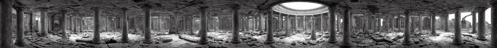 Image similar to photo of an immersive forgotten panopticon well, with columns and destroyed cybernetics from an ancient civilization, photorealistic, higly detailed dark, 3 6 0 picture, panorama, 3 5 mm slide, trending on flickr, in the style of, by francesca woodman, zachary corzine, zhelong xu, greg rutkowski and anders zorn