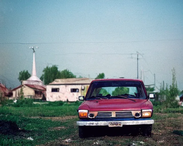 Image similar to a lomographic photo of old lada 2 1 0 7 standing in typical soviet yard in small town, hrushevka on background, cinestill, bokeh