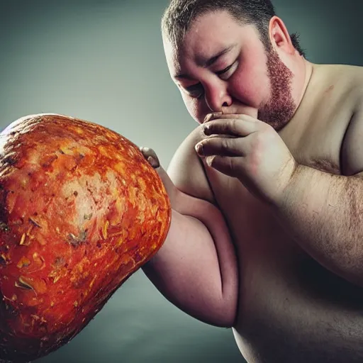 Image similar to a dramatic photo of a slightly fat man smashing a giant yam