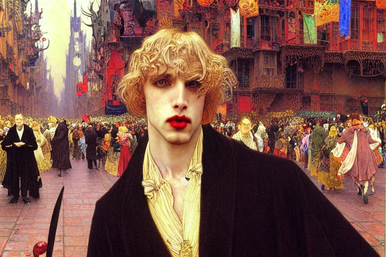 Image similar to realistic extremely detailed closeup portrait painting of an elegant blond male vampire in a cape, detailed crowded crowded city street on background by Jean Delville, Amano, Yves Tanguy, Ilya Repin, Alphonse Mucha, William Holman Hunt, Ernst Haeckel, Edward Robert Hughes, Roger Dean, rich moody colours