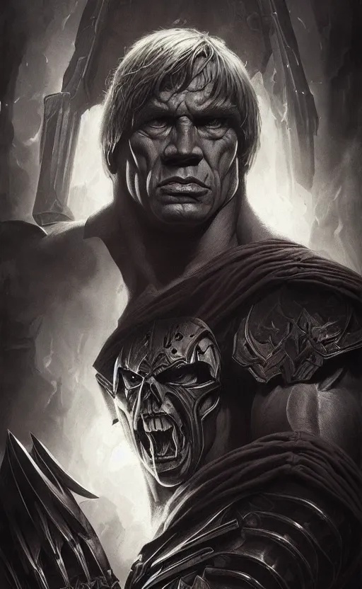 Image similar to uncut portrait of he - man, dark and mysterious and eerie and ominous character, cinematic, epic, highly detailed, intricate, illustration, artwork by marcus whinney and greg rutkowski