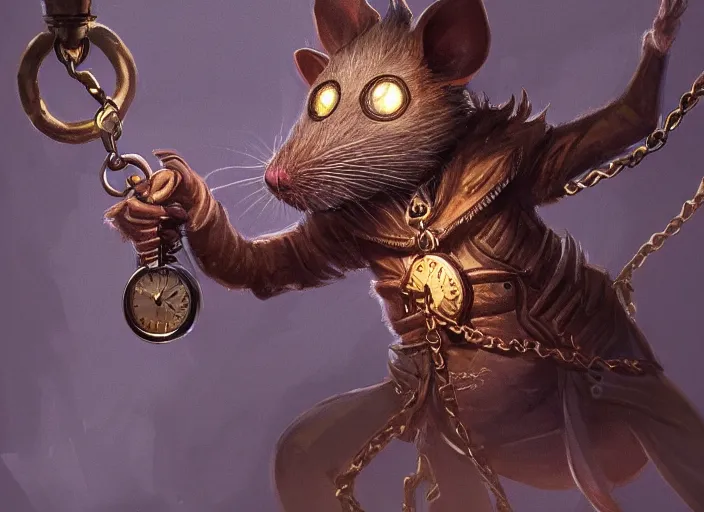 Image similar to a highly detailed illustration of a anthropomorphic rat wearing a long coat, glowing eyes, dramatic standing holding pocket watch with chain pose, infinite space clock background, muscular, intricate, elegant, highly detailed, centered, digital painting, artstation, concept art, smooth, sharp focus, league of legends concept art, wlop