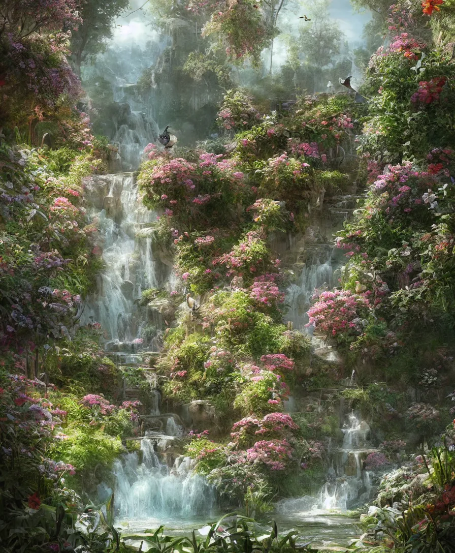 Prompt: Hyperrealistic Secret flower garden, water source, birds, fantasy, highly detailed, digital painting, trending artstation, concept art, illustration, art by Greg Rutkowski, octane render