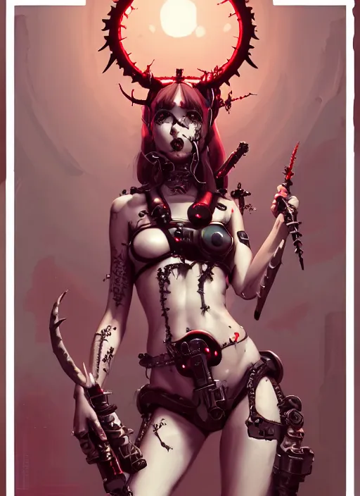 Image similar to portrait of cute cyborg succubus girl with crown of thorns and horns covered with runic tattoos, warhammer, cyberpunk by atey ghailan, by greg rutkowski, by greg tocchini, by james gilleard, by joe gb fenton, by in kaethe butcher, dynamic lighting, gradient light red, yellow, blonde cream and white color in scheme, grunge aesthetic