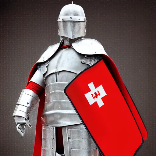 Image similar to man in crusader armor and cape with big red cross on it digital art realistic high detail