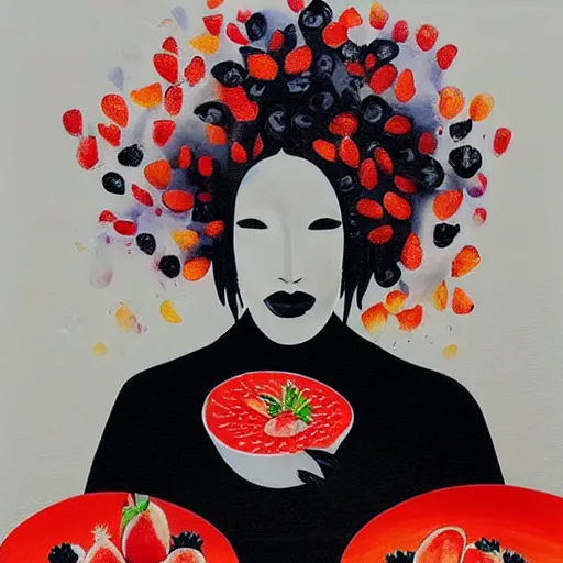 Image similar to “art in an Australian artist’s apartment, portrait of a woman wearing white cotton cloth, eating luscious fresh raspberries and strawberries and blueberries, white wax, edible flowers, Japanese pottery, ikebana, black walls, acrylic and spray paint and oilstick on canvas”