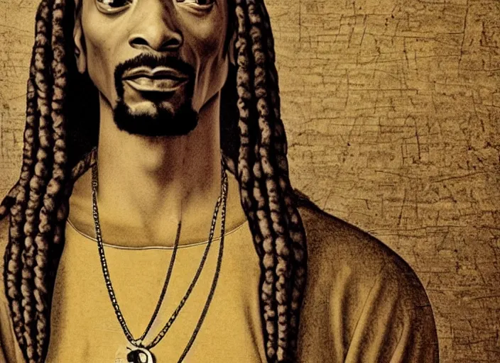 Image similar to a very high resolution image from a new movie, snoop dogg. drawn by leonardo da vinci. mountains, directed by wes anderson