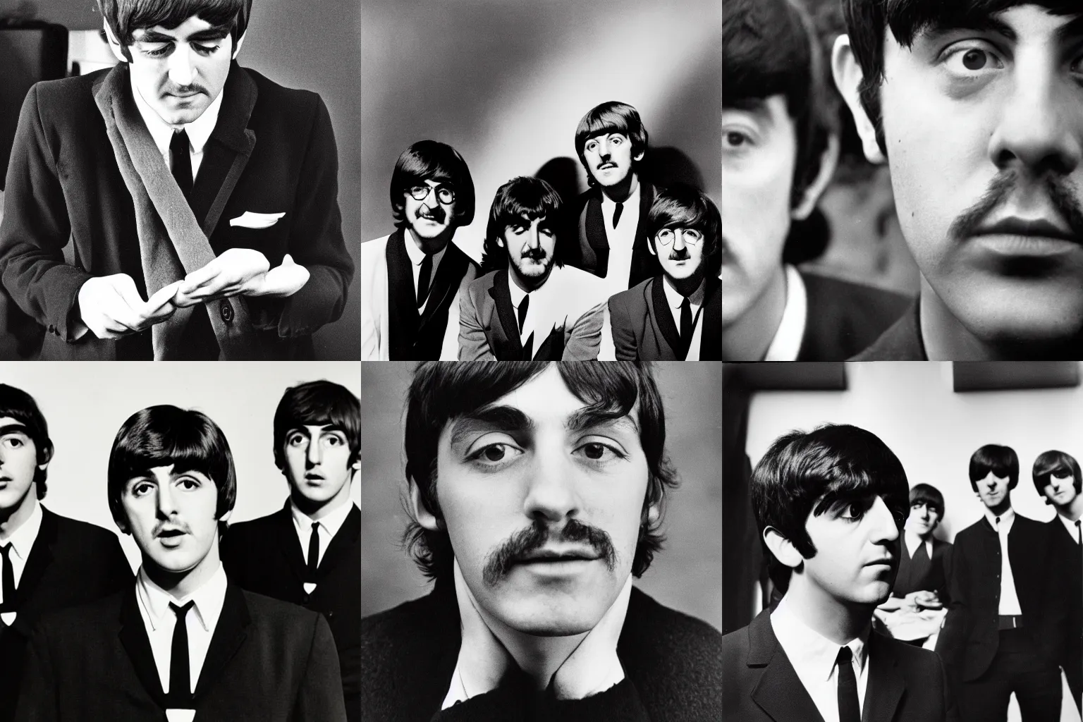 Prompt: a member of the beatles, portrait photograph, black and white, 1964