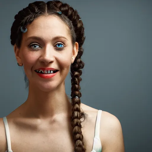 Image similar to a vivid color portrait of a smiling female with two buns hairstyle, light skin and big blue eyes, soft cinematic lighting, shallow depth of field, photograph by annie leibovitz, 4k