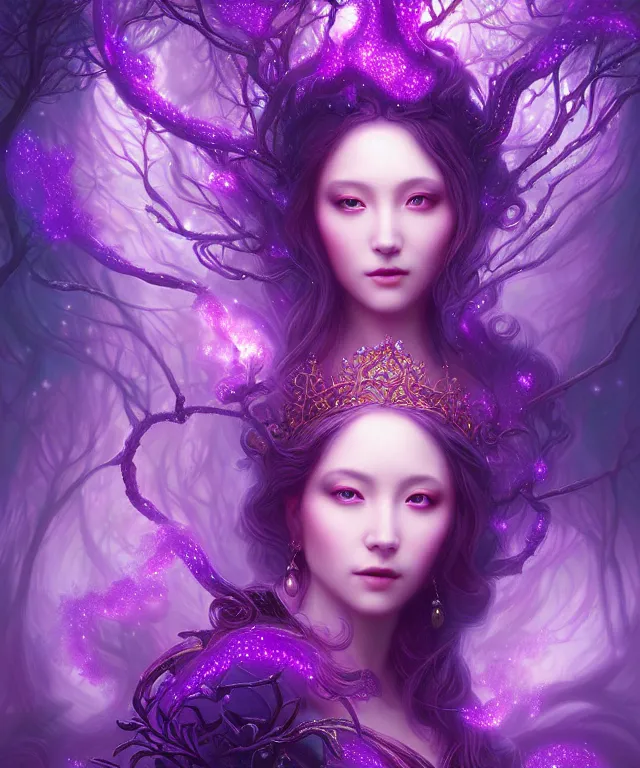 Prompt: ultra detailed, magical realism, portrait painting, of the beautiful empress within the enchanted purple forest, glowing purple, volumetric lighting, illusion, intricate details, by ross tran.