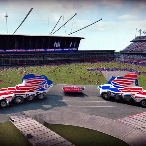 Prompt: evel knievel jumping busses at wembly stadium 3 d studiomax, maya 3 d, unrealengine, 4 k, 8 k, hdr, extreme render, mind - bending reality, hyper detailed, wide angle ultra - vivid, photo - realistic nikon 3 5 mm, photograph