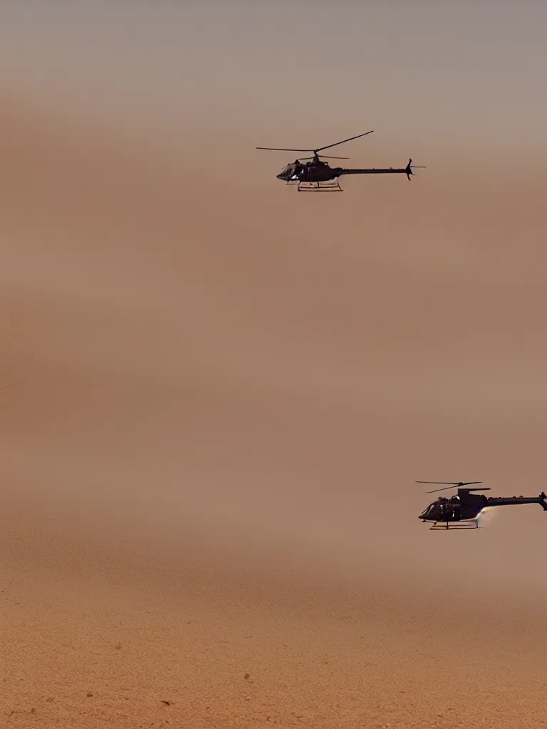 Prompt: close up! photo of helicopter flying over a sand hills covered in dust, desert environment, extremely detailed matte painting by jeremy geddes, featured on cg society, video art, reimagined by industrial light and magic, anamorphic lens flare, # vfxfriday