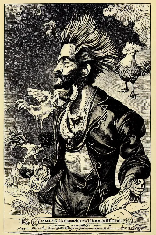 Prompt: 19th century wood-engraving of a confident muscular man with a rooster's head surrounded with flames, whole page illustration from Jules Verne book titled Stardust Crusaders, art by Édouard Riou Jules Férat and Henri de Montaut, frontal portrait, high quality, beautiful, highly detailed, removed watermarks