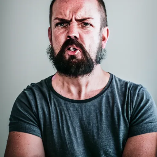 Prompt: a portrait of an angry bogan, canon eos r 3, f / 1. 4, iso 2 0 0, 1 / 1 6 0 s, 8 k, raw, unedited, symmetrical balance, in - frame