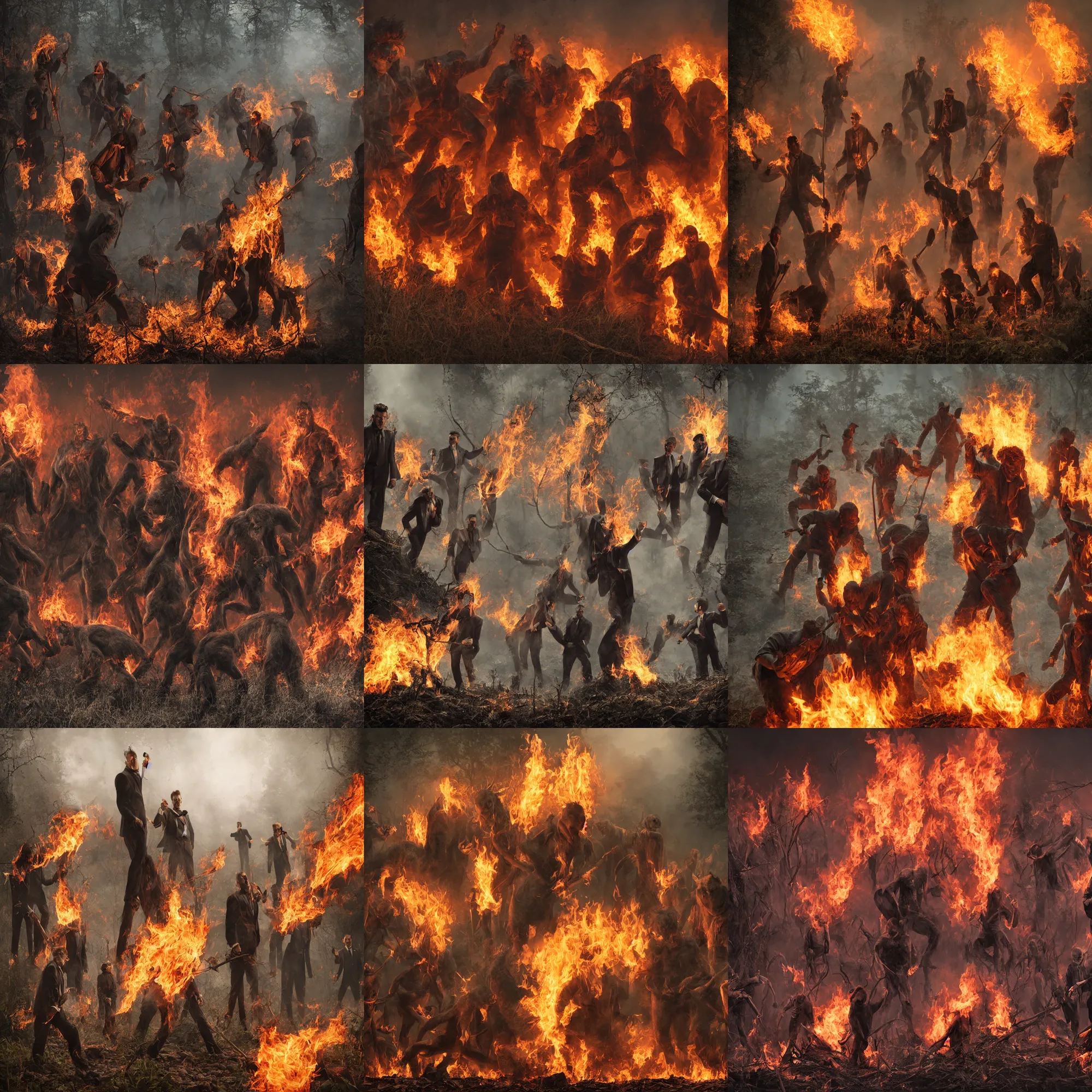 Prompt: a dark poster artwork by Alex Horley of giants men in suits setting fire to the wild nature near a river, sharp focus, octane render 8k , zoom out
