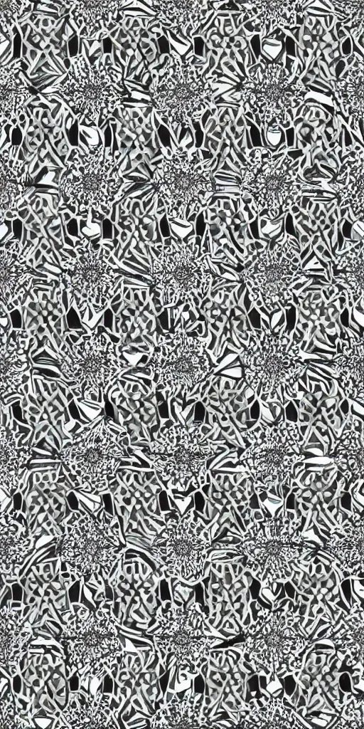Prompt: highly detailed black and white geometric pattern, repetition, hexagon, high contrast, no curves, fractal, sacred geometry, sharp angles, symmetry, order