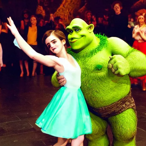 Prompt: Emma Watson dancing with shrek