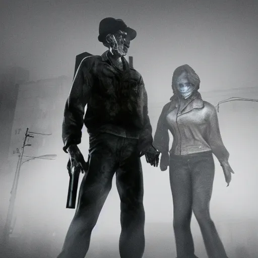 Image similar to humphrey bogart and lauren bacall, battered, holding machine guns and grenades, back to back, last stand as disturbing zombie shapes come out of the fog. There is ash in the air. Silent hill, resident evil. Octane render, cinematic lighting, cinematic framing ar 3:1.