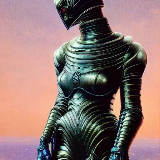 Image similar to portrait of beautiful gothic and futuristic fashion model, space armour, cyber armour, highly detailed, artstation, illustration, composition, 8 k quality, art by jean delville, rene magritte, hyperrealism oil painting