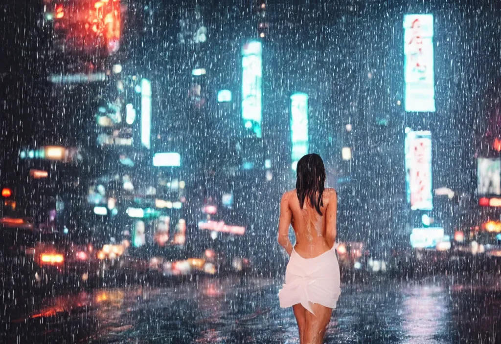 Prompt: hyperdetailed portrait photo looking from behind at a low angle with a 4 0 0 mm lens and bokeh under the dim lights of screens with advertising at a lone sexy girl wearing a see through white dress getting soaked in the rain blade runner aesthetic