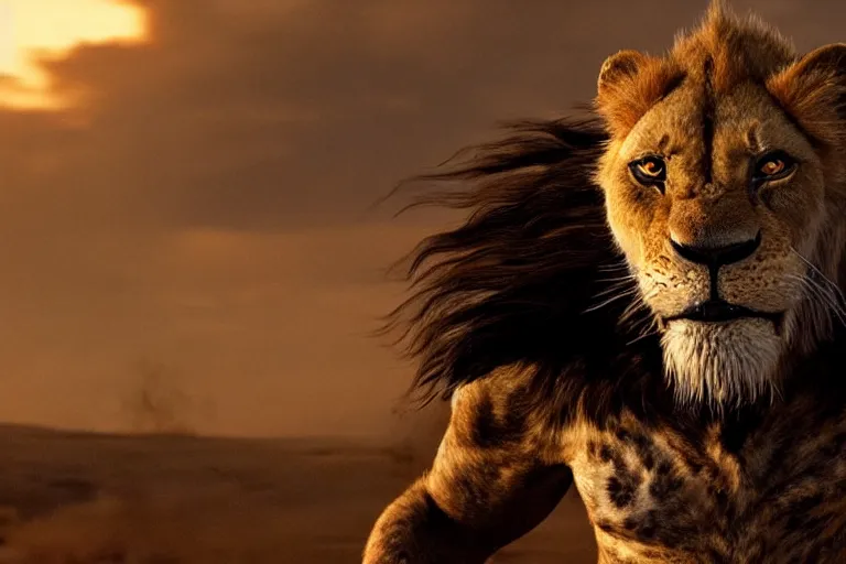 Image similar to scar ( from the lion king ), heavily armed and armored facing down armageddon in a dark and gritty version from the makers of mad max : fury road : witness me