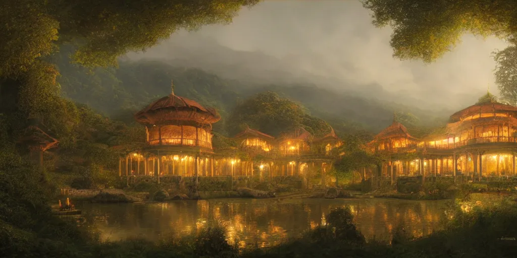 Image similar to The Pavilion in Rivendell, evening, detailed matte painting, cinematic, Alan Lee, Artstation