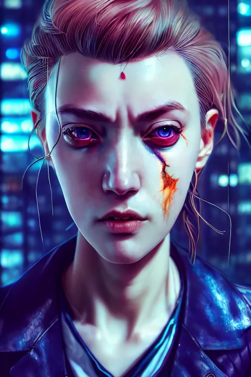 Image similar to hyperdetailed close portrait of a european woman in a worn out suit in a cyberpunk city inspired by ross tran and wlop and masamune shirow and kuvshinov, concept art, intricate, photorealistic, octane render, rtx, hdr, unreal engine, dnd digital art by artgerm