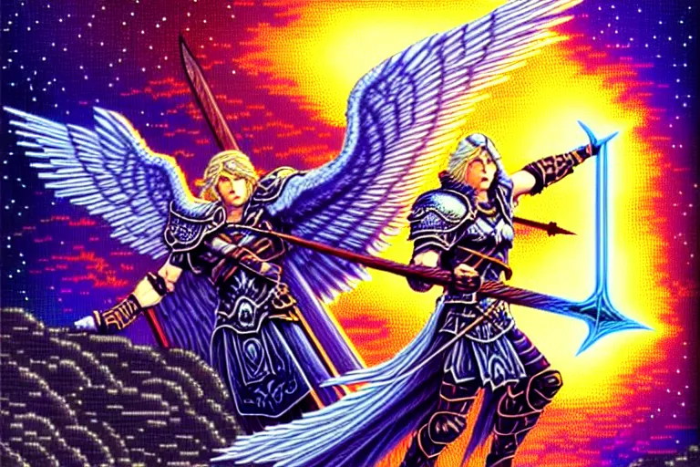 Image similar to odin wielding the divine lance, valkyrie profile game, beautiful detailed pixelart by albertov, intricate details, beautiful, dithered gradients, volumetric lighting, cgsociety, artstation, smooth, sharp focus, 2 d illustration, amazing art by dan mumford, old school computer game graphics, crpg, d & d, pixel art