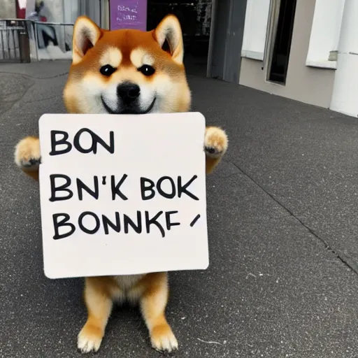 Prompt: shiba inu holding holding a sign with text that reads bonk, in paws