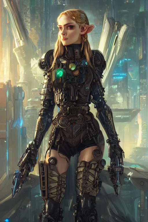 Image similar to portrait of Cyberpunk Princess Zelda in power armor, ShadowRun, steampunk, intricate, elegant, highly detailed, digital painting, artstation, concept art, smooth, sharp focus, illustration, art by artgerm and greg rutkowski and alphonse mucha